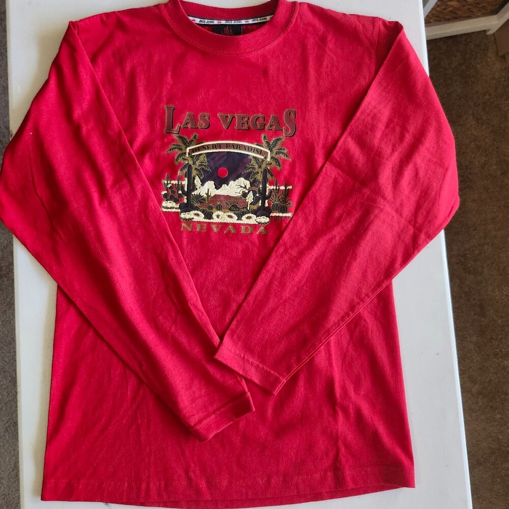 JNCO Jeans Vintage Las Vegas Nevada Graphic Long Sleeve T-Shirt Red XL USA Made